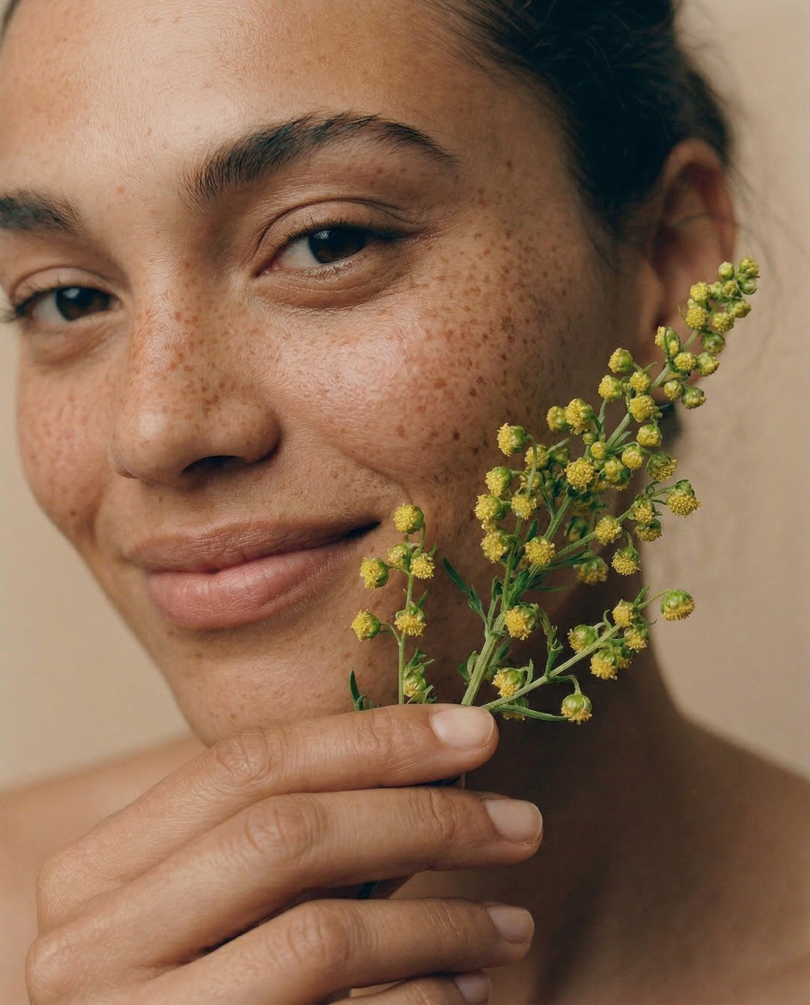 Woman with artemisia flower, a plant that can restore skin.
