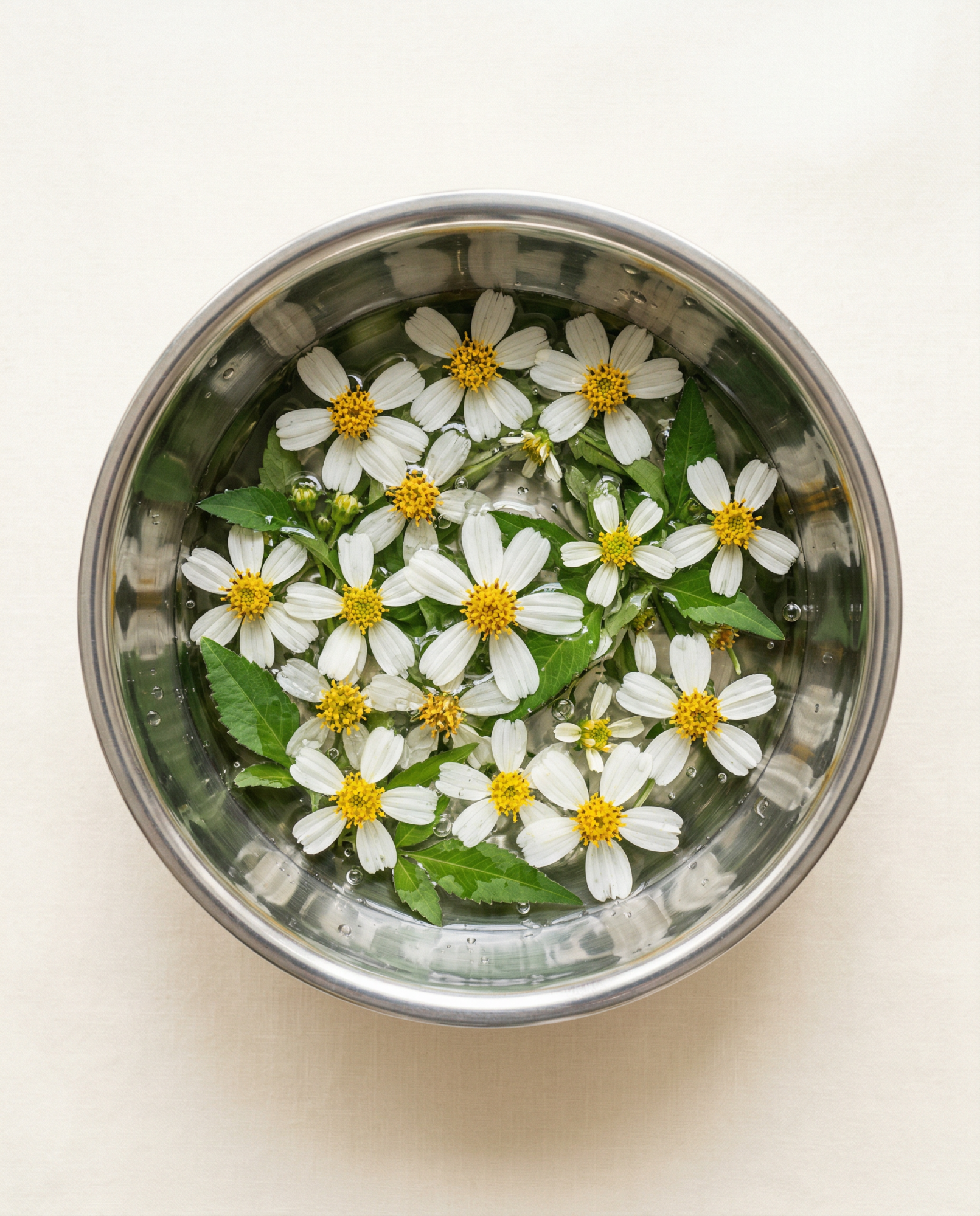 Plant Perfection Gel Serum in a laboratory glass surrounded by white flowers