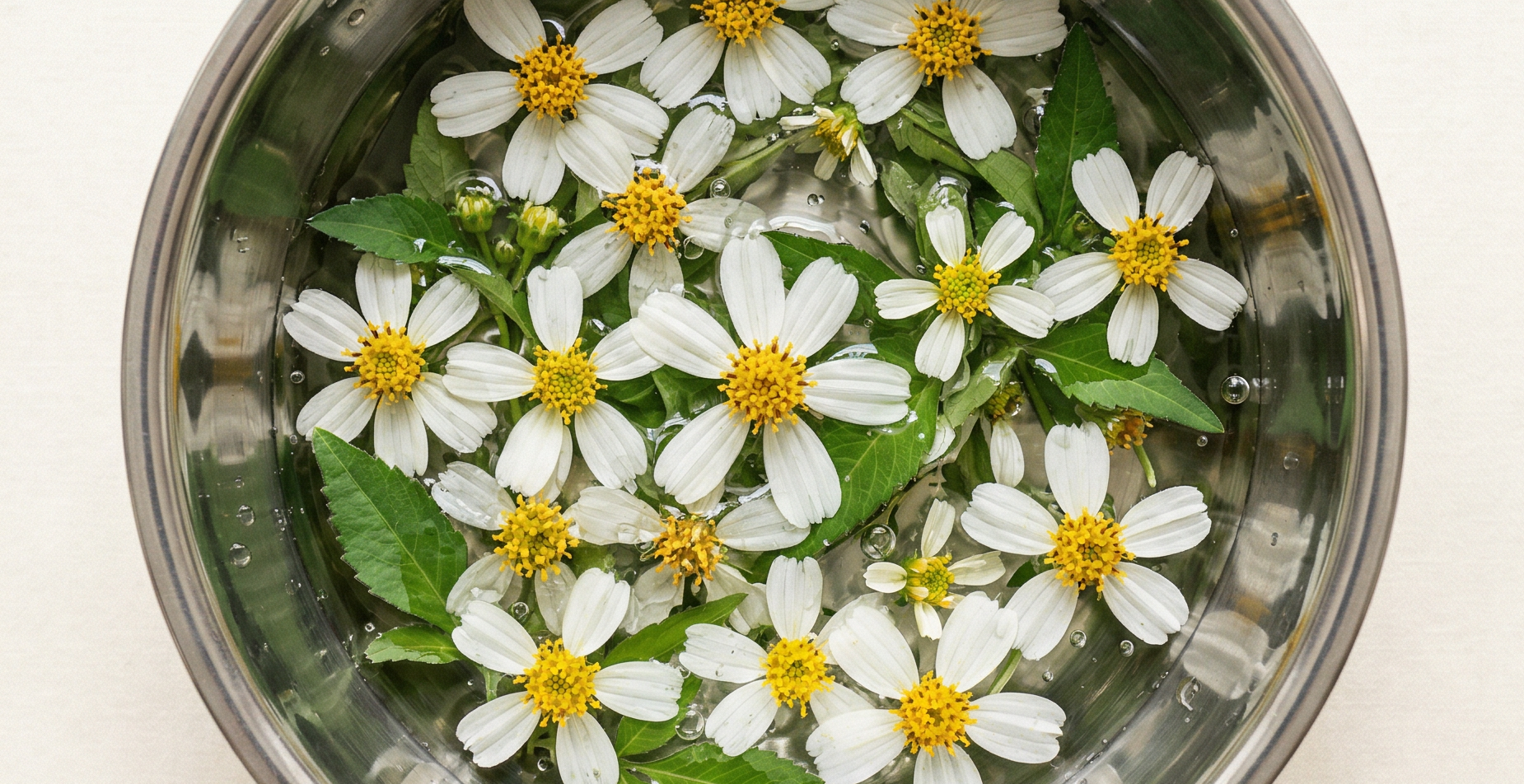 Plant Perfection Gel Serum in a laboratory glass surrounded by white flowers